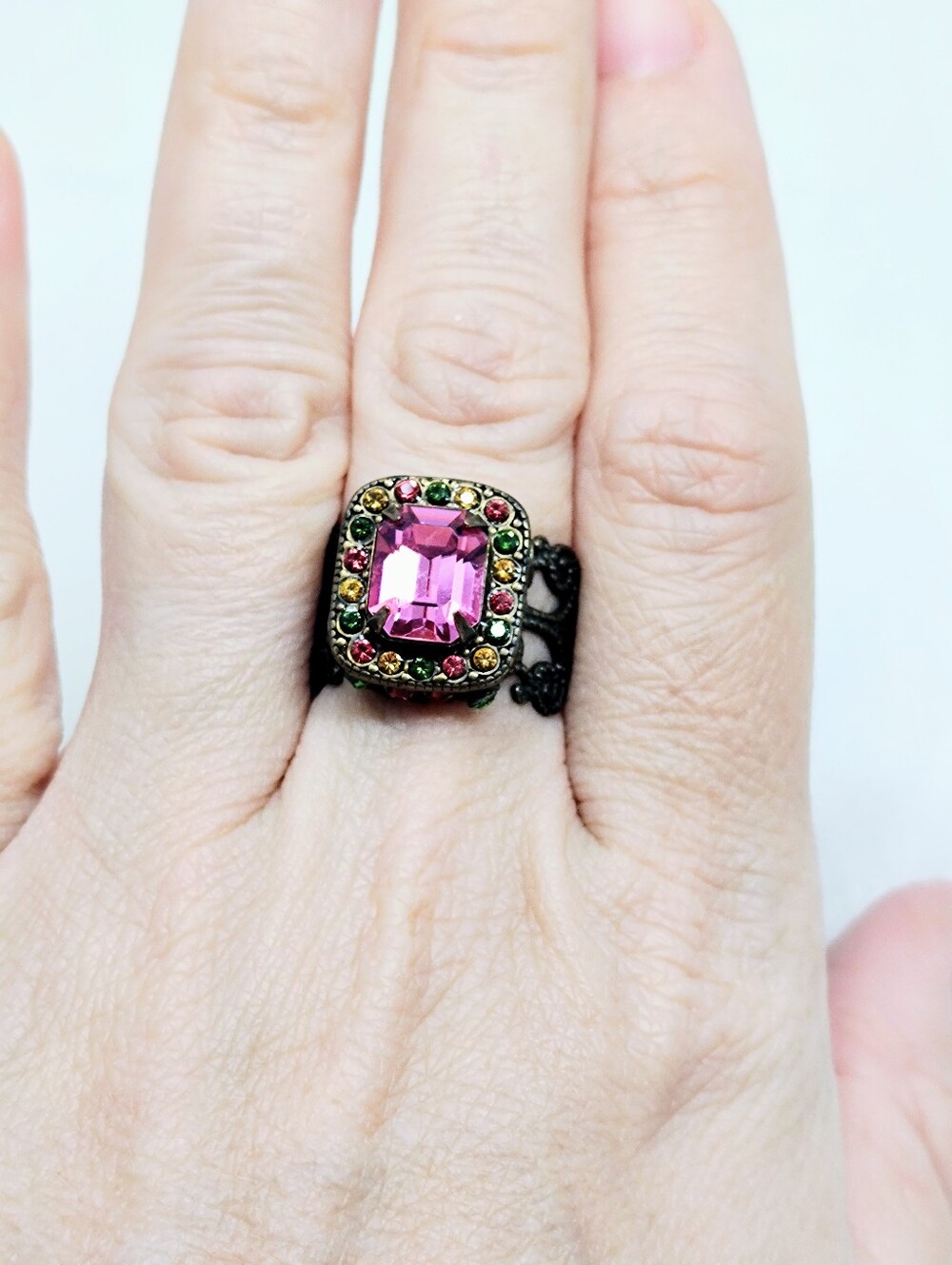 Sorrelli Juicy Fruit Statement Vintage Adjustable Ring Pink Green Stones